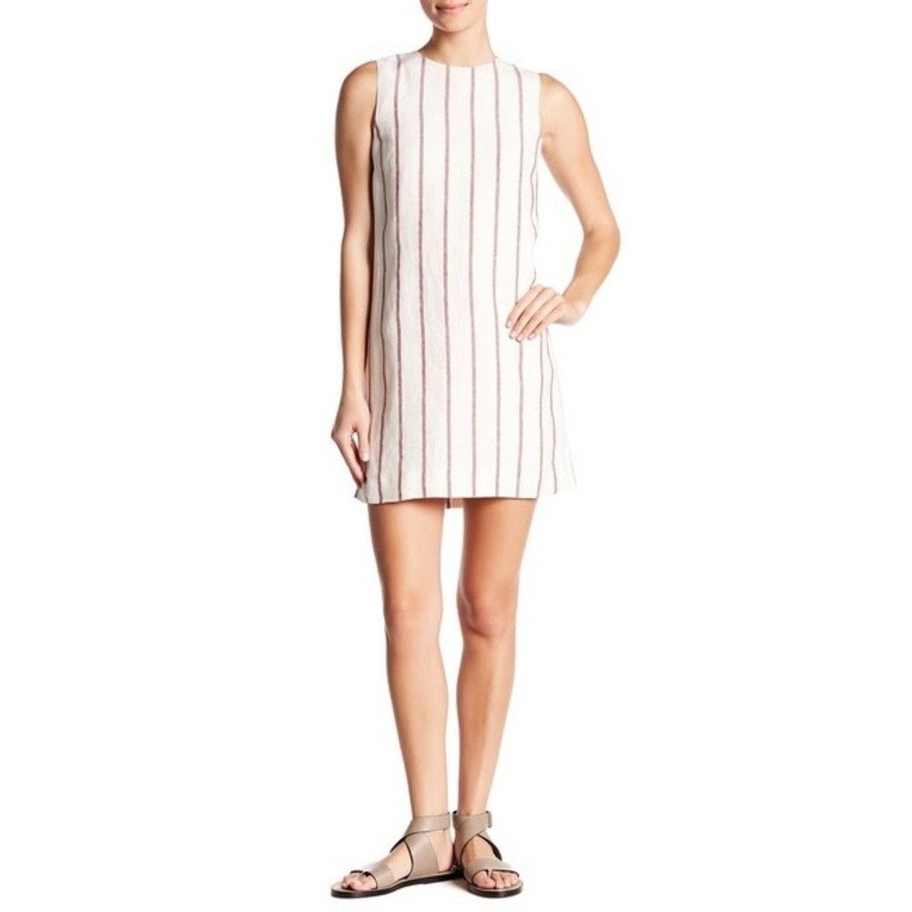 Theory Adraya Dress Womens 10 Ivory Red Stripe Linen Shift Sleeveless